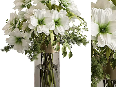 Elegant White Flowers With Green Centers In Clear Glass Vase And Fresh Green Foliage 3d model