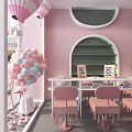 Pink Themed Cafe Interior With Arched Green Shelves And Pink Tables Chairs