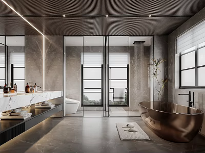 Modern Bathroom Interior Design With Freestanding Bathtub Marble Countertop And Glass Shower 3d model