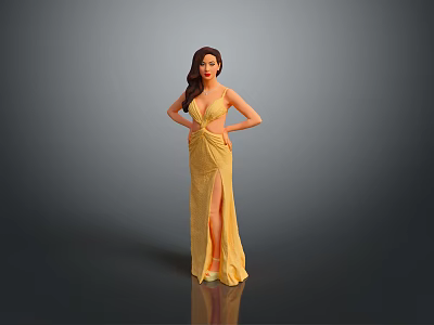 Elegant Woman Posing With Hands On Hips In Yellow Dress With Slit Against Gray Background 3d model