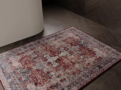 Intricate Square Rug With Red White Blue Pattern On Dark Wood Floor And White Furniture 3d model