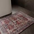 Intricate Square Rug With Red White Blue Pattern On Dark Wood Floor And White Furniture