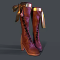 Red Lace Up Long Boots With Golden Ribbon Bow And White Heels