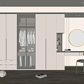Modern White Wardrobe with Hanging Rod Drawers and Dresser Mirror in Bedroom