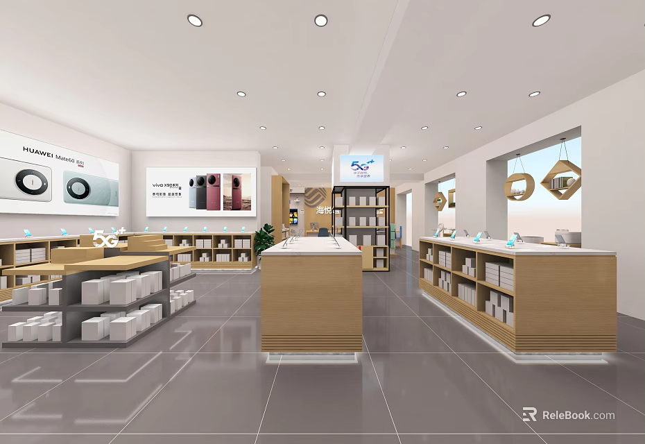Modern Specialty Store Interior With Wooden Shelves Product Displays And Bright Lighting 3d model 