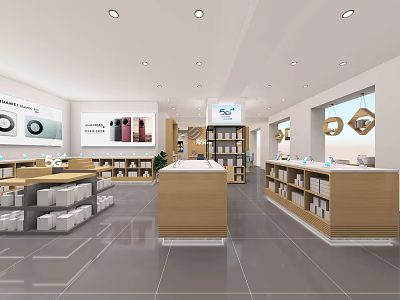 Modern Specialty Store Interior With Wooden Shelves Product Displays And Bright Lighting 3d model