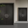 Black Security Door with Radial Lines Round Door Knocker and Bamboo Leaf