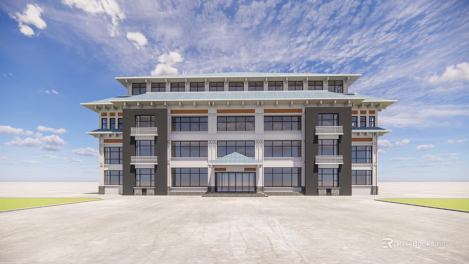 Traditional Roof Modern Glass Facade Multi Storey Office Building With Open Plaza And Blue Sky 3d model 