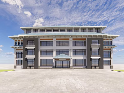 Traditional Roof Modern Glass Facade Multi Storey Office Building With Open Plaza And Blue Sky 3d model