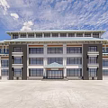 Traditional Roof Modern Glass Facade Multi Storey Office Building With Open Plaza And Blue Sky