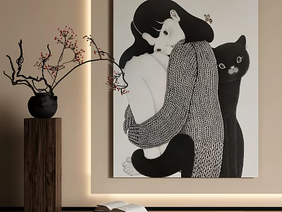 Black And White Figurative Painting Interior Decor With Hugging Figures Black Cat And Knitted Garment 3d model