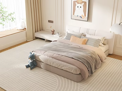 Bright Bedroom Double Bed with Soft Bedding Blue Teddy Bear and Striped Rug 3d model