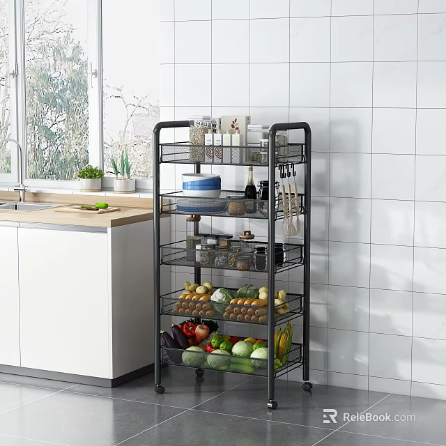 Kitchen Rolling Multi Tier Storage Rack Organizing Vegetables Spices And Kitchen Items Near White Countertop 3d model 