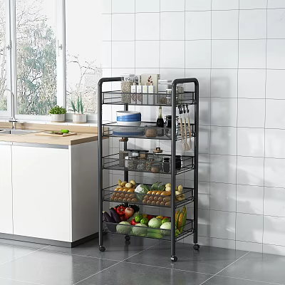 Kitchen Rolling Multi Tier Storage Rack Organizing Vegetables Spices And Kitchen Items Near White Countertop 3d model