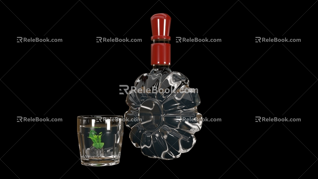 Shaped glass wine bottle wine glass mint leaf decoration 3d model