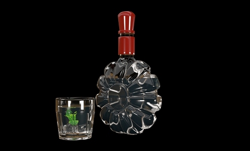 Shaped glass wine bottle wine glass mint leaf decoration 3d model