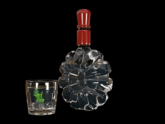 Shaped glass wine bottle wine glass mint leaf decoration 3d model