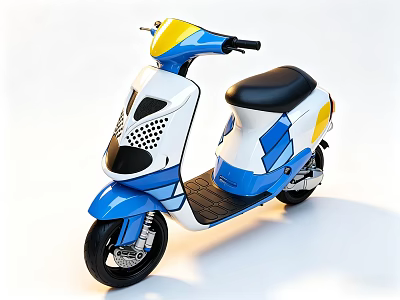 Stylish Blue White Yellow Scooter With Black Seat And Geometric Patterns On White Background 3d model