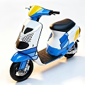 Stylish Blue White Yellow Scooter With Black Seat And Geometric Patterns On White Background