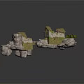 Ancient Ruins Scene With Weathered Stone Blocks Moss And Green Plants