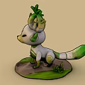 Cute White Green Creature with Leafy Ears and Tail Standing on Grass Covered Base