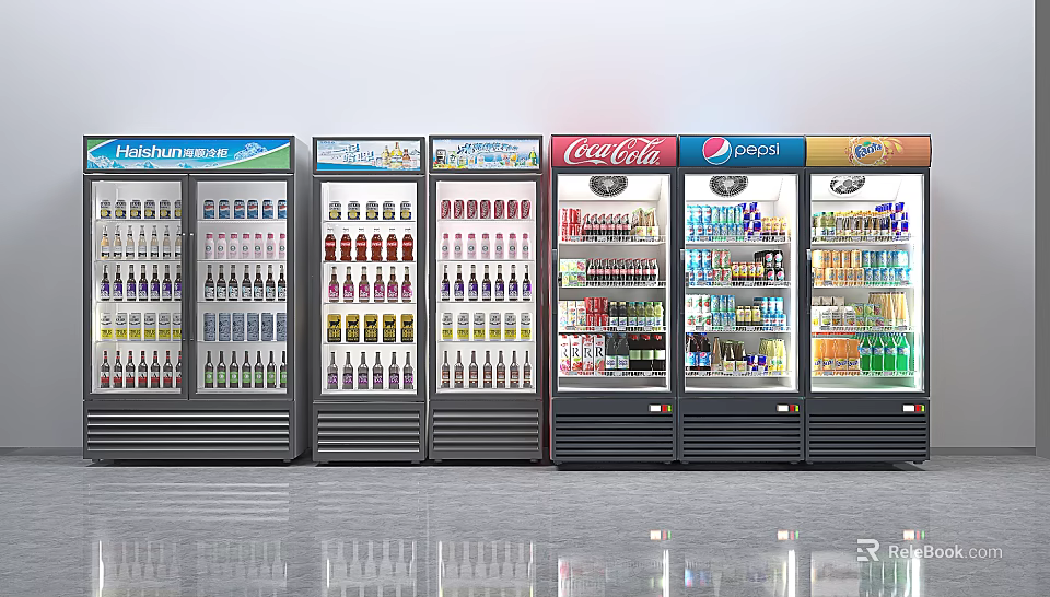 Commercial Beverage Refrigerators Display Various Drinks In Retail Store With Brand Logos 3d model 