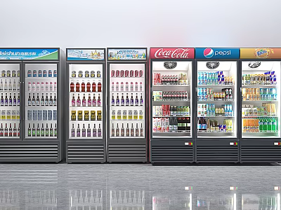Commercial Beverage Refrigerators Display Various Drinks In Retail Store With Brand Logos 3d model
