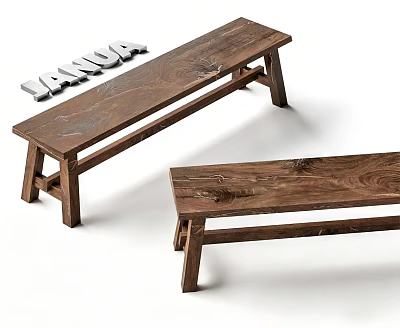 Two Rustic Solid Wood Benches With Natural Grain And Simple Design 3d model