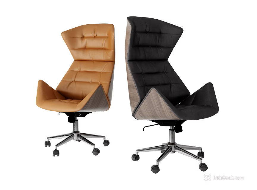 Modern Brown And Black Leather Office Chairs With Ergonomic Backrest And Wheeled Base 3d model 
