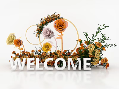 Vibrant Welcome Decor With Orange Yellow Pink Roses Greenery And Golden Rings 3d model