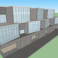 Modern Office Building with Glass Curtain Walls Gray Exterior and People at Entrance