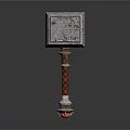 Ornate War Hammer With Metal Plates Intricate Carvings And Red Braided Handle