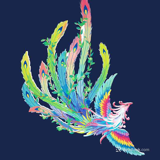 Elaborate Phoenix Carving With Vibrant Feathers And Green Leaves Artwork 3d model 