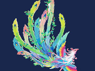 Elaborate Phoenix Carving With Vibrant Feathers And Green Leaves Artwork 3d model