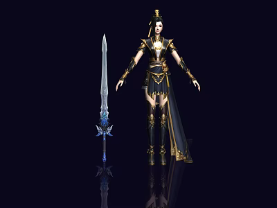 Game Female Character In Elaborate Detailed Black Gold Costume Holding Long Crystal Sword 3d model
