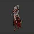 Elegant Female Character In Red White Traditional Costume With Pink Petals Floating And Staff