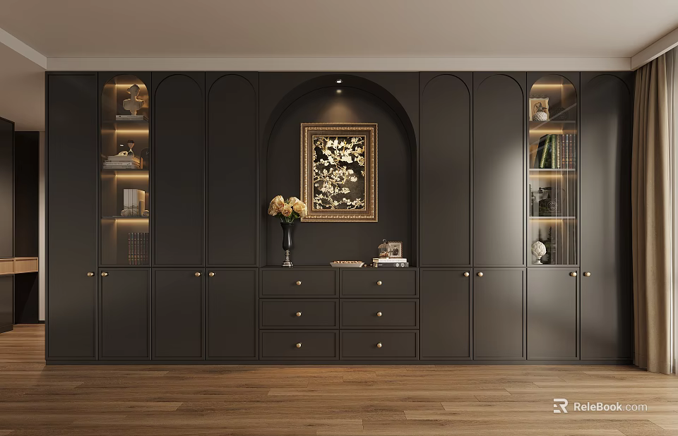 Modern Black Bookcase With Arched Design Decorative Painting Drawers Glass Doors And Books Decorations Inside 3d model 