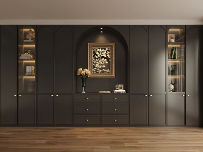 Modern Black Bookcase With Arched Design Decorative Painting Drawers Glass Doors And Books Decorations Inside 3d model