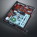 Internal Structure of Electronic Device Featuring Red Orange Circuit Board Green Platter And Metal Components