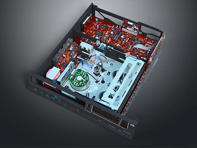 Internal Structure of Electronic Device Featuring Red Orange Circuit Board Green Platter And Metal Components 3d model