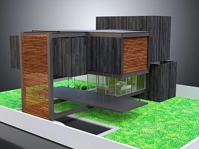 Modern Detached Villa With Wooden Panels Glass Walls And Green Lawn 3d model