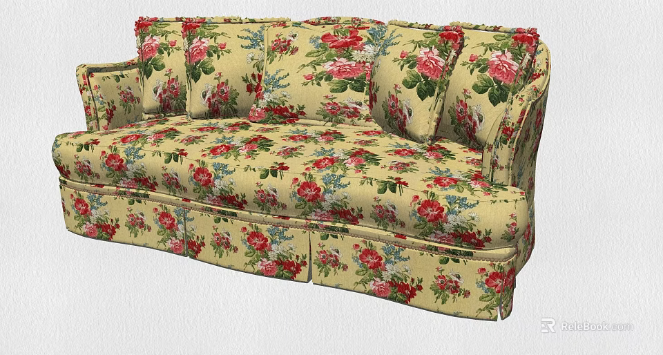Three Seater Sofa With Cream Base And Red Pink Roses Floral Print Design 3d model 