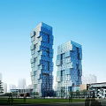 Modern Office Building Architectural Design With Glass Facade Stacked Structure Against Blue Sky