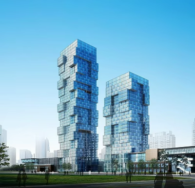 Modern Office Building Architectural Design With Glass Facade Stacked Structure Against Blue Sky 3d model