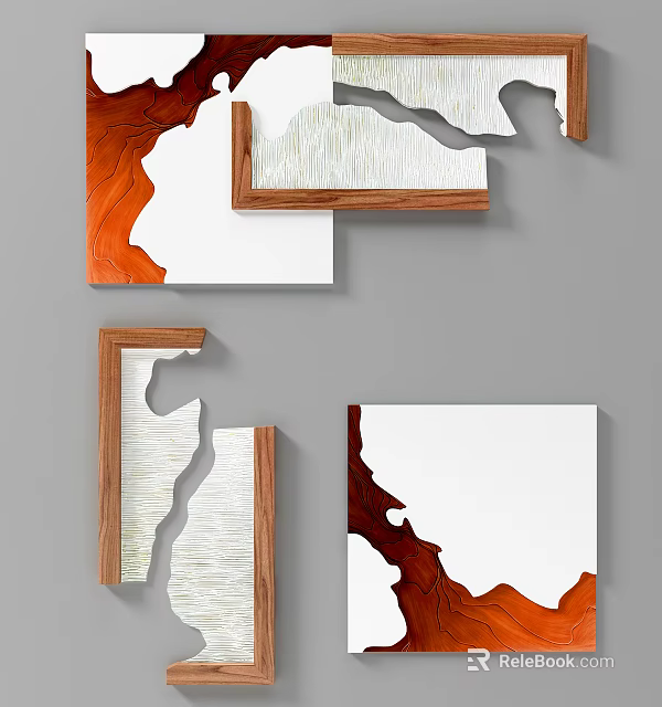 Abstract Wall Art With Wooden Frames And Irregular Orange Brown White Patterns 3d model