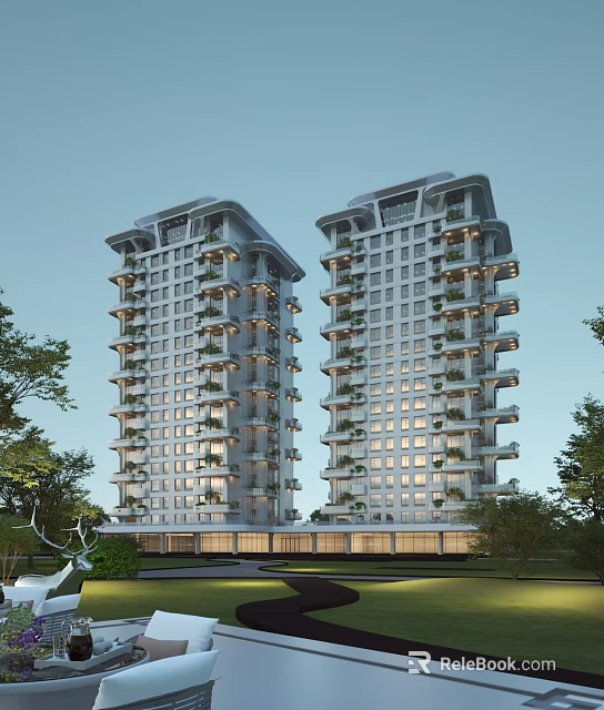 Modern High Rise Residential Buildings with Balconies Green Plants and Surrounded by Trees Evening Lighting 3d model 
