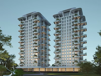 Modern High Rise Residential Buildings with Balconies Green Plants and Surrounded by Trees Evening Lighting 3d model