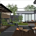 Modern Open Garden Outdoor Design With Patio Furniture Green Plants Water Features And Wooden Deck