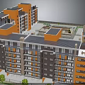 Multi Story Residential Building Model With Orange Gray Exterior Multiple Blocks And Green Belt