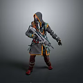 Hooded Character With Rifle And Mystical Creature In Gray Orange Robe Design